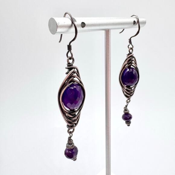Genuine Amethyst Silver Wire Wrapped Dangle Earrings Artisan Tested Bohemian - Picture 5 of 11